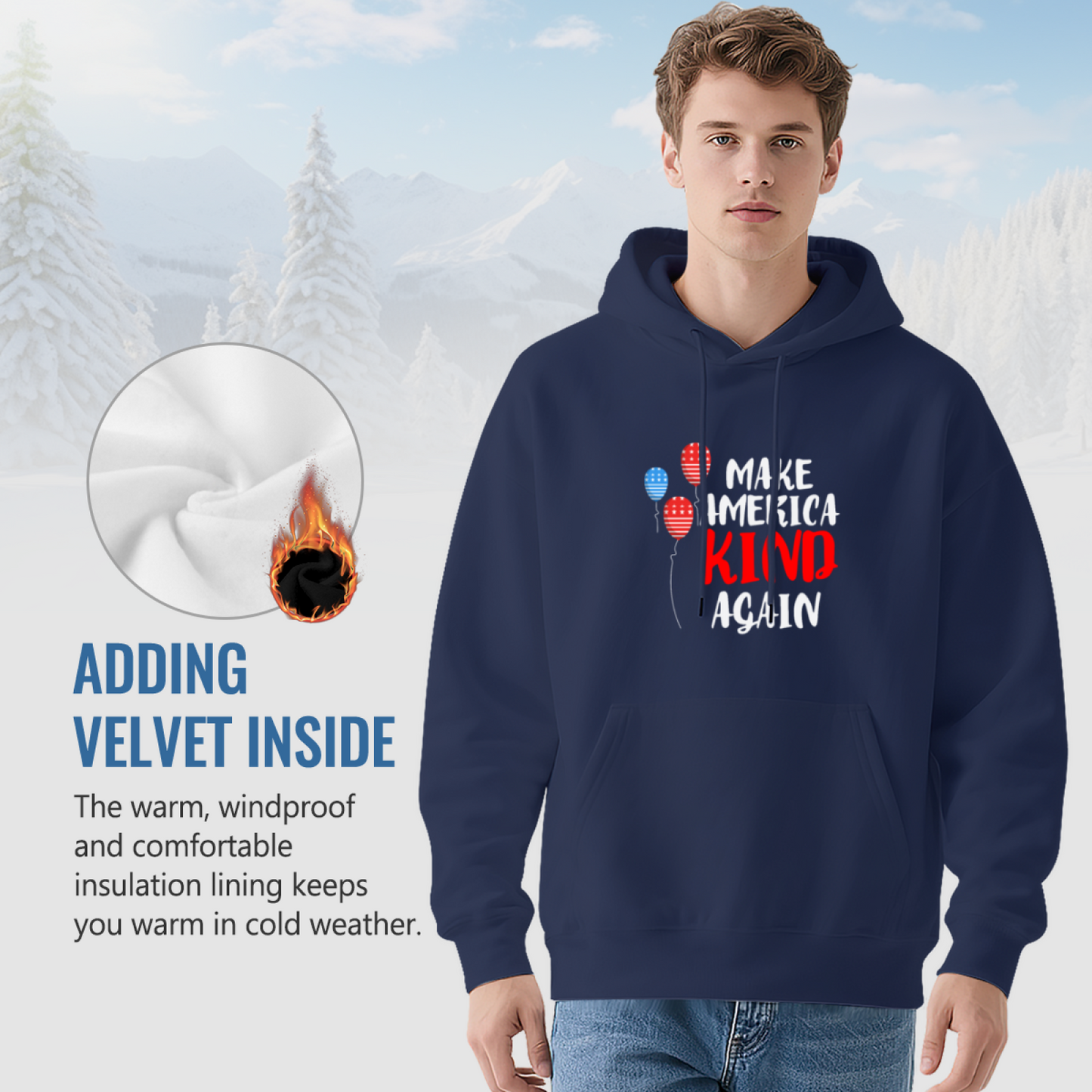 Make America Kind Again Flag Balloon Navy Hoodie, Warm Casual Unisex Top