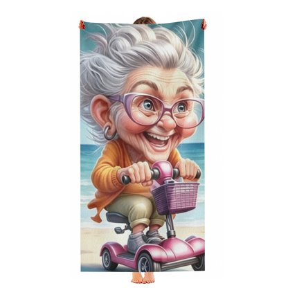 Funny Cartoon Elderly Lady Scooter Beach Towel, Fluffy Soft & Strong Water Absorbency, Multiple Size Options for Fun, Cozy Summer Beach Days