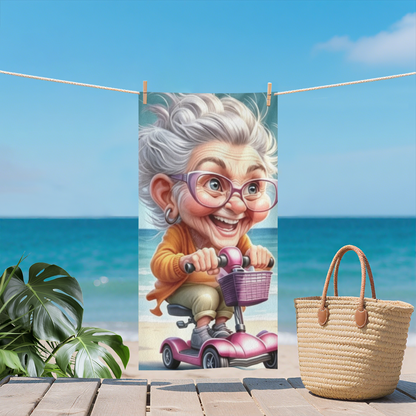 Funny Cartoon Elderly Lady Scooter Beach Towel, Fluffy Soft & Strong Water Absorbency, Multiple Size Options for Fun, Cozy Summer Beach Days