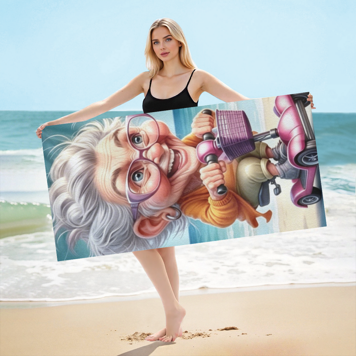 Funny Cartoon Elderly Lady Scooter Beach Towel, Fluffy Soft & Strong Water Absorbency, Multiple Size Options for Fun, Cozy Summer Beach Days