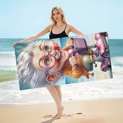 Funny Cartoon Elderly Lady Scooter Beach Towel, Fluffy Soft & Strong Water Absorbency, Multiple Size Options for Fun, Cozy Summer Beach Days
