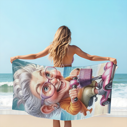 Funny Cartoon Elderly Lady Scooter Beach Towel, Fluffy Soft & Strong Water Absorbency, Multiple Size Options for Fun, Cozy Summer Beach Days