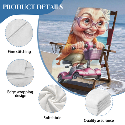 Funny Cartoon Elderly Lady Scooter Beach Towel, Fluffy Soft & Strong Water Absorbency, Multiple Size Options for Fun, Cozy Summer Beach Days