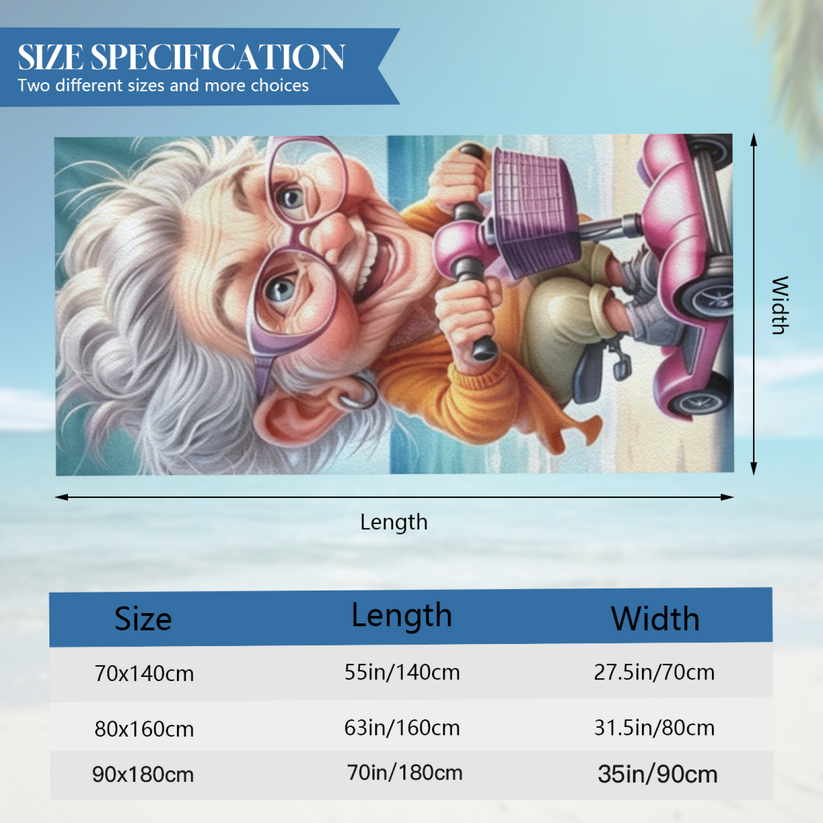 Funny Cartoon Elderly Lady Scooter Beach Towel, Fluffy Soft & Strong Water Absorbency, Multiple Size Options for Fun, Cozy Summer Beach Days