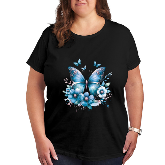 Dreamy Deep Blue Floral Butterfly Magic Plus Size Women¡¯s Printed T-Shirt