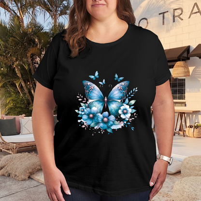 Dreamy Deep Blue Floral Butterfly Magic Plus Size Women¡¯s Printed T-Shirt