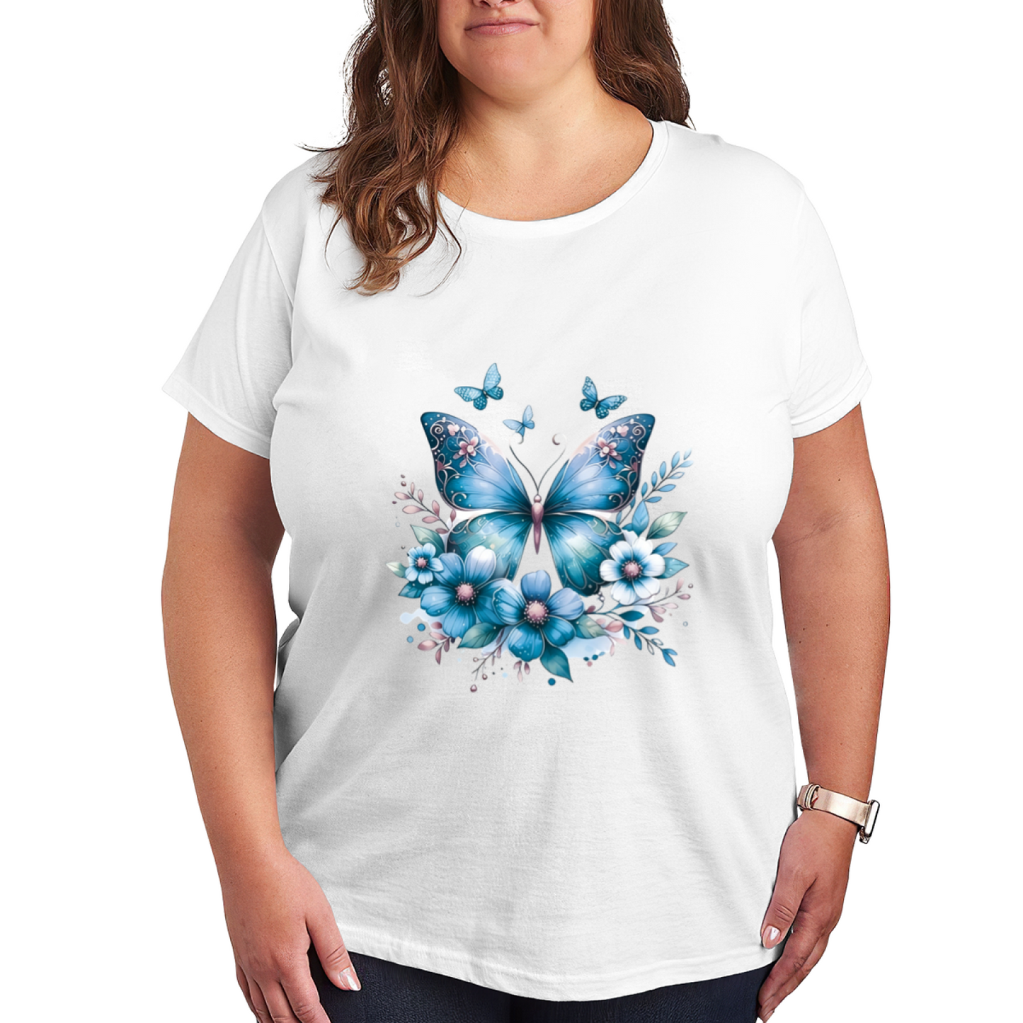 Dreamy Deep Blue Floral Butterfly Magic Plus Size Women¡¯s Printed T-Shirt
