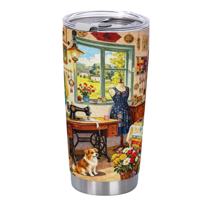 Antique Sewing Studio Window Small Dog Craft Lover Tumbler
