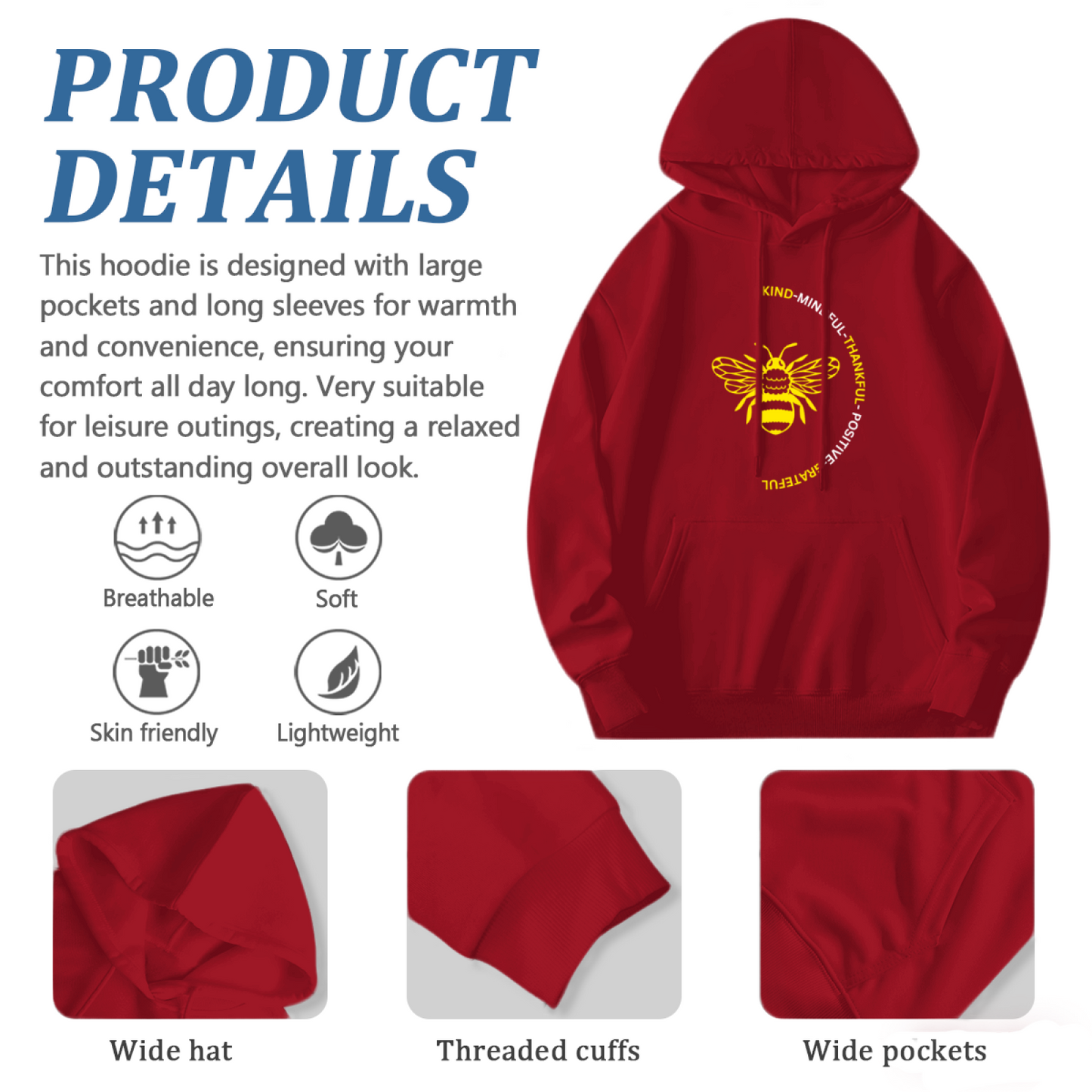 Kind Positive Bee Positive Quote Hoodie, Gentle Cozy Red Sweatshirt