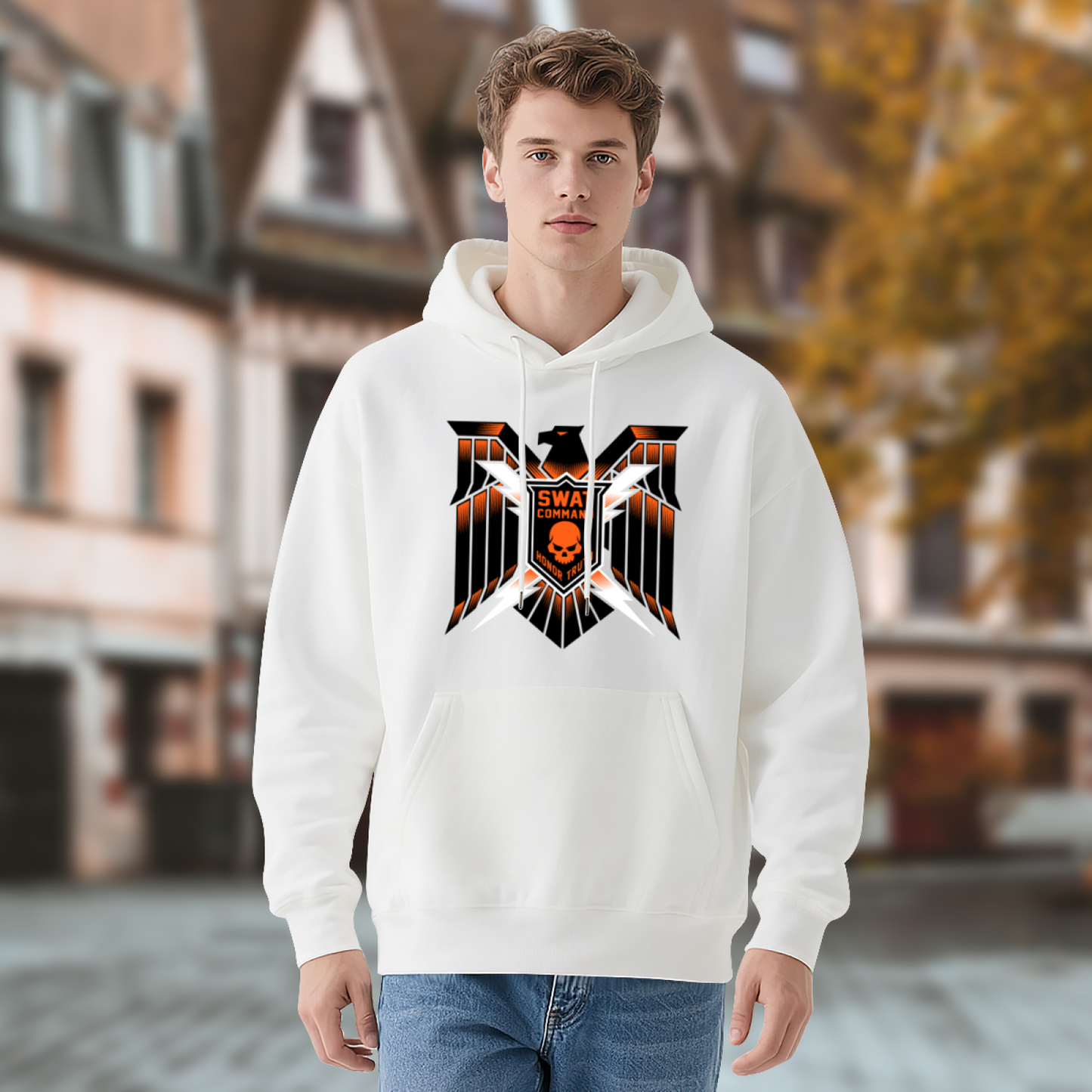 SWAT Eagle Skull Tactical Street Hoodie, Bold Soft White Pullover