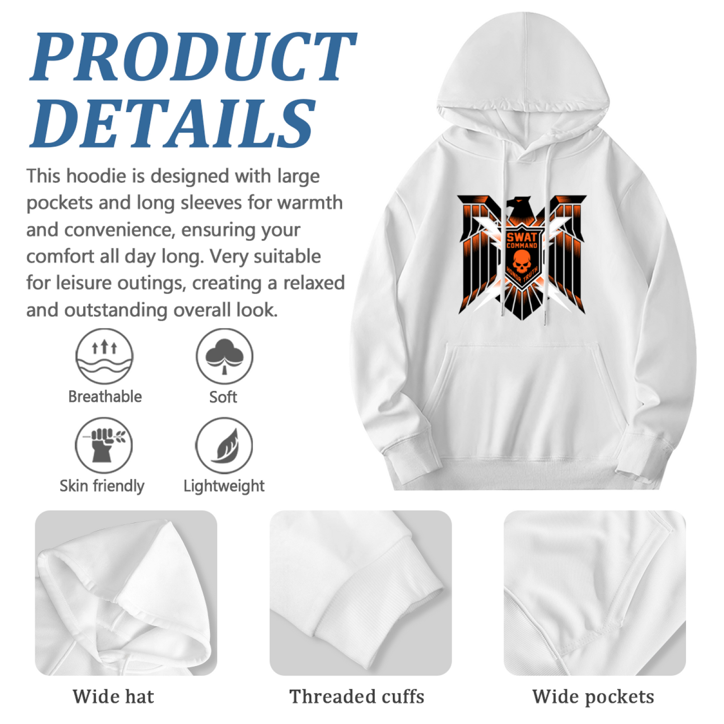 SWAT Eagle Skull Tactical Street Hoodie, Bold Soft White Pullover