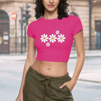 White Daisy Floral Hot Pink Crop Top ¨C Fresh Cottagecore Summer Baby Tee 11.