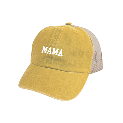 Classic Block MAMA Yellow Washed Mesh Trucker Cap, Timeless Mom Vintage Breathable Hat