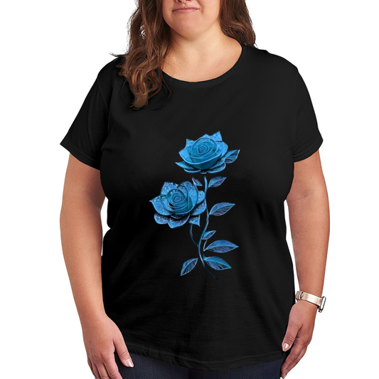 Ethereal Ice Blue Lace Rose Delicate Floral Plus Size Black Ladies T-Shirt