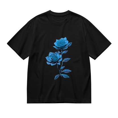 Ethereal Ice Blue Lace Rose Delicate Floral Plus Size Black Ladies T-Shirt