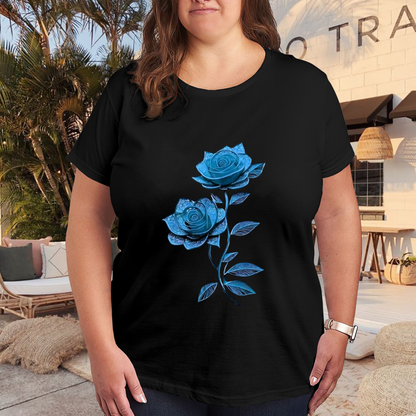 Ethereal Ice Blue Lace Rose Delicate Floral Plus Size Black Ladies T-Shirt
