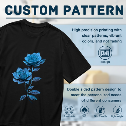 Ethereal Ice Blue Lace Rose Delicate Floral Plus Size Black Ladies T-Shirt