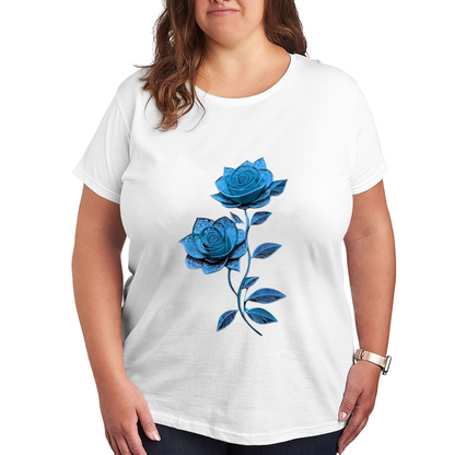 Ethereal Ice Blue Lace Rose Delicate Floral Plus Size Black Ladies T-Shirt