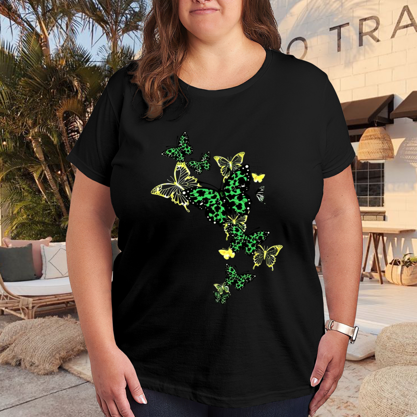 Vibrant Green Leopard Butterfly Fashion Plus Size Women Printed T-Shirt