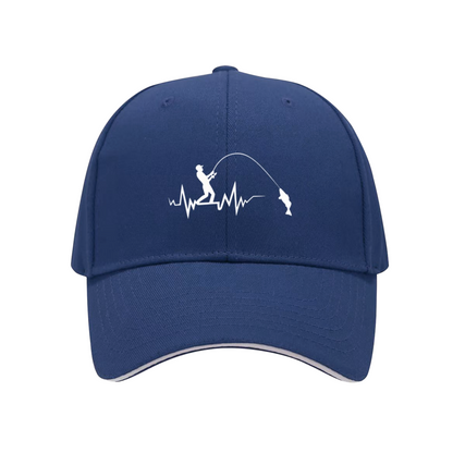 Heartbeat Fisherman & Fish Navy Sandwich Brim Baseball Cap, Fishing Lover Casual Hat