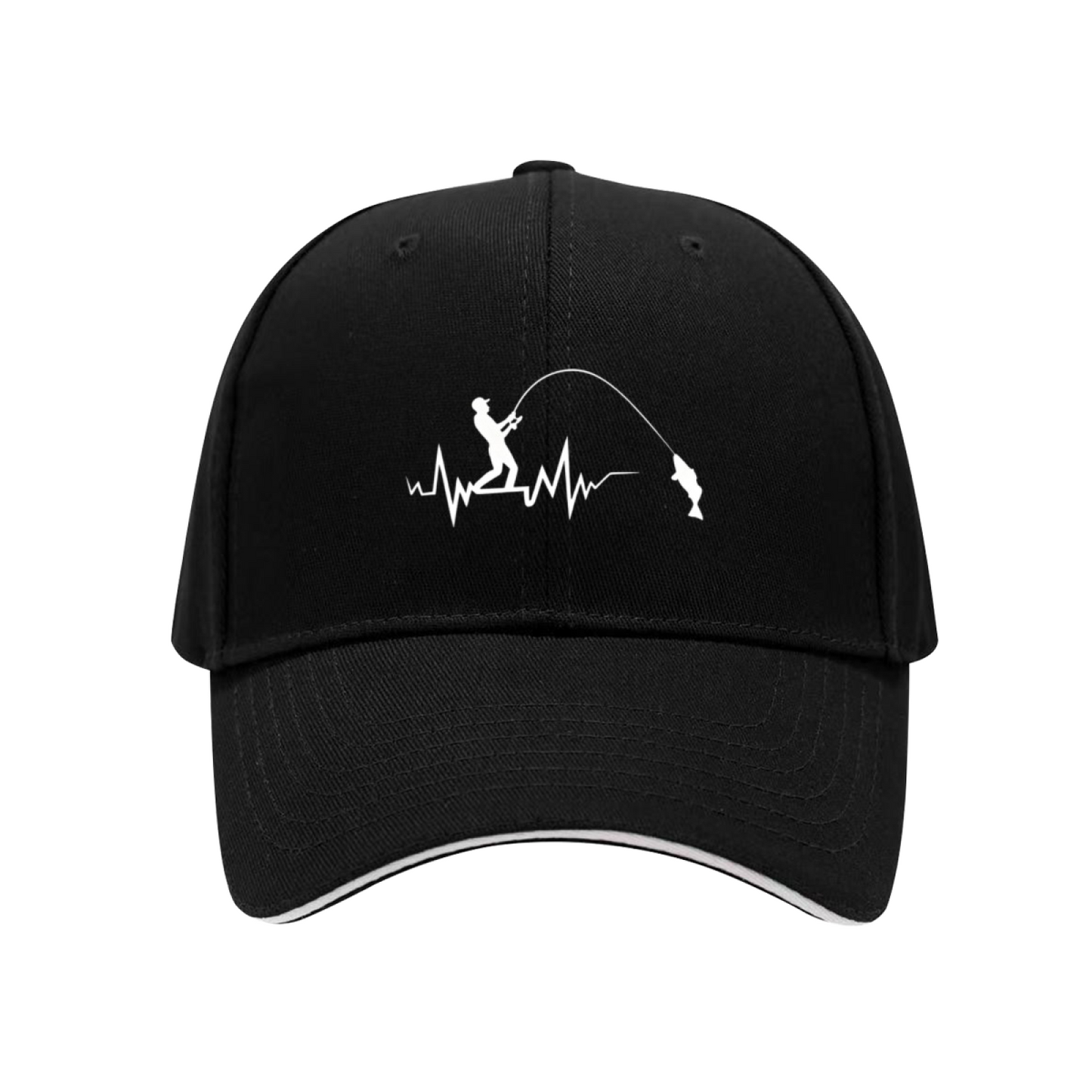 Heartbeat Fisherman & Fish Navy Sandwich Brim Baseball Cap, Fishing Lover Casual Hat