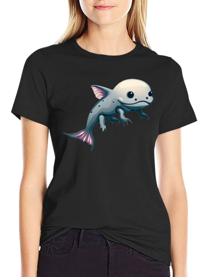 Axolotl Cartoon Graphic Tee - Black Cotton Blend