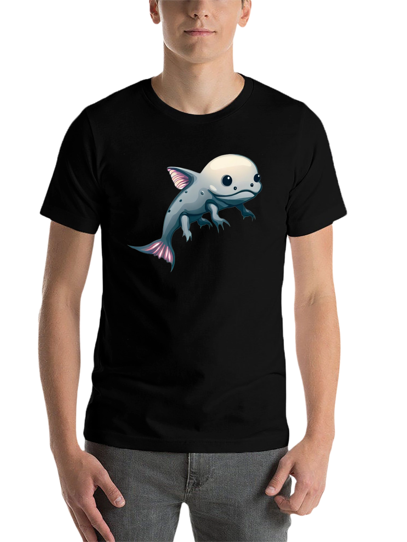 Axolotl Cartoon Graphic Tee - Black Cotton Blend
