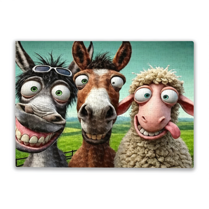 Funny Farm Donkey Horse Sheep Goofy Selfie Cartoon Puzzle | 300/500/1000 Pieces