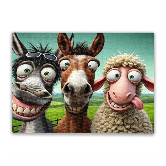 Funny Farm Donkey Horse Sheep Goofy Selfie Cartoon Puzzle | 300/500/1000 Pieces