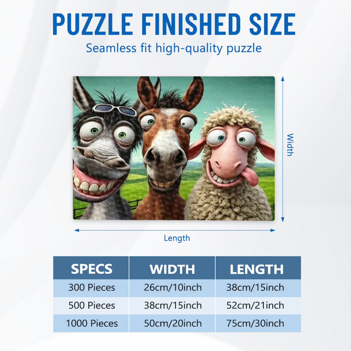 Funny Farm Donkey Horse Sheep Goofy Selfie Cartoon Puzzle | 300/500/1000 Pieces