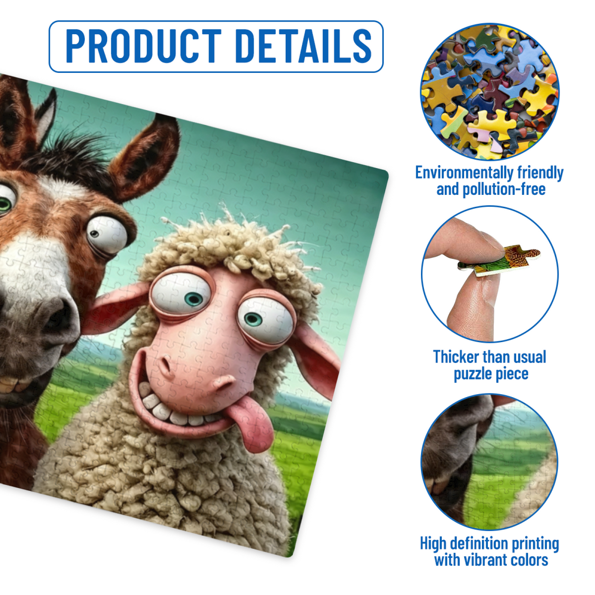 Funny Farm Donkey Horse Sheep Goofy Selfie Cartoon Puzzle | 300/500/1000 Pieces