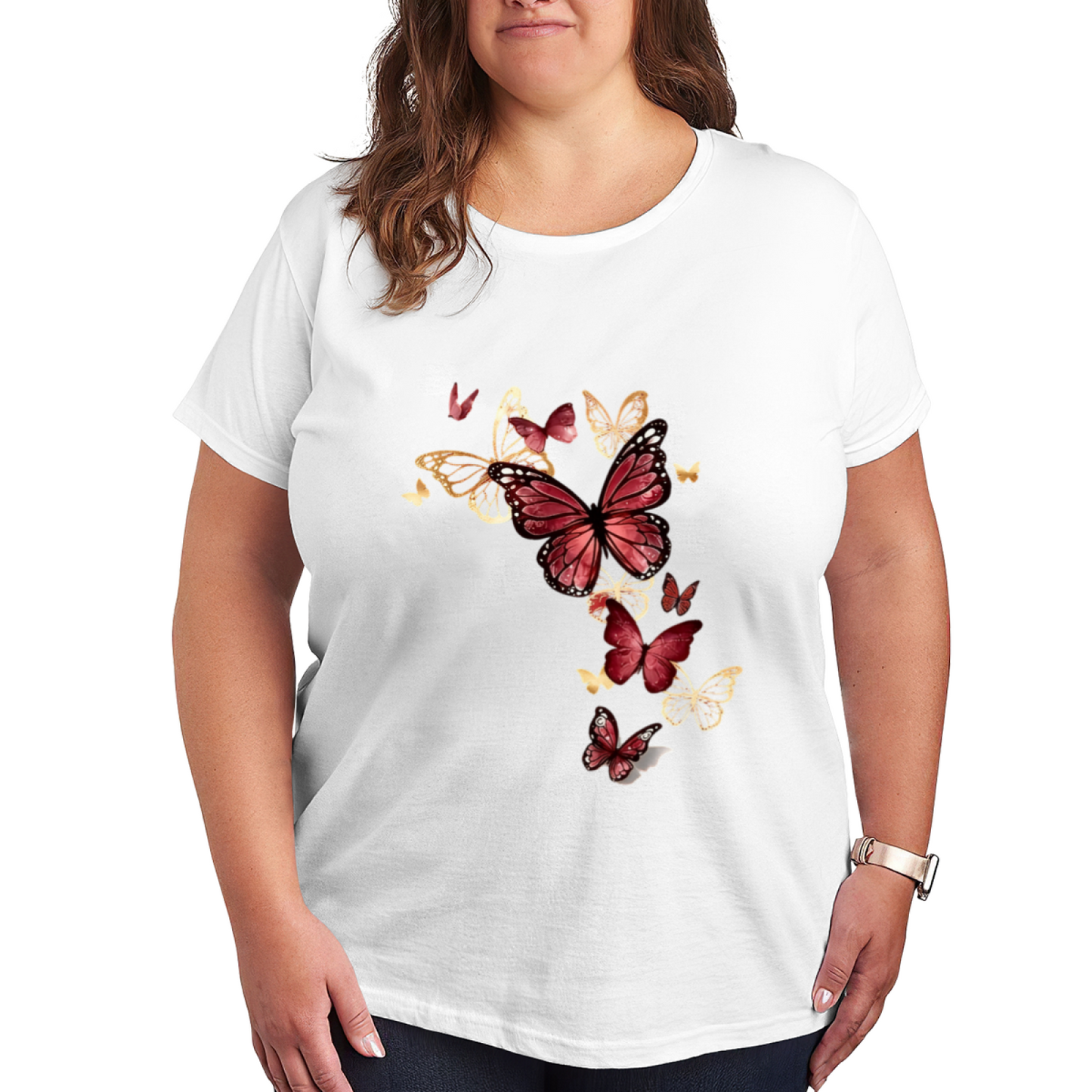Elegant Red Gold Monarch Butterfly Romantic Art Plus Size Women Printed T-Shirt