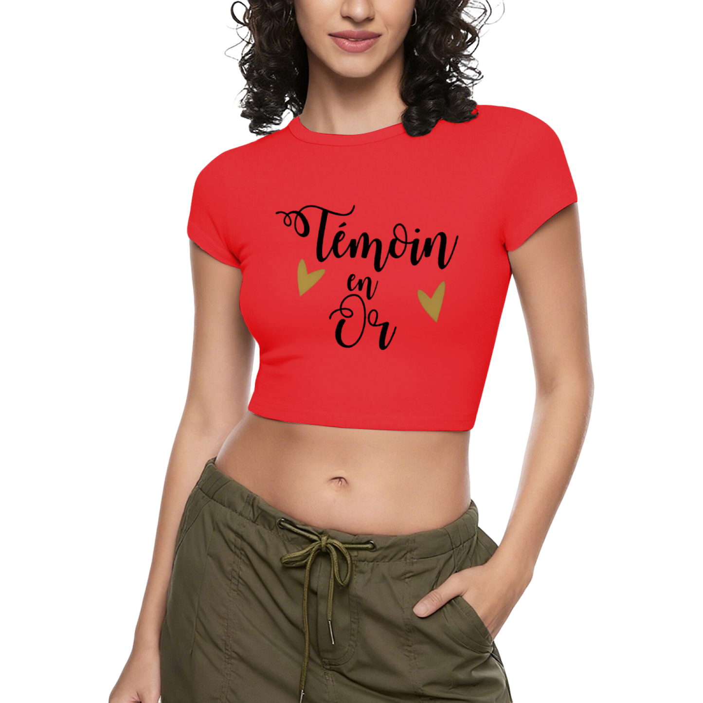 T¨¦moin en Or Gold Heart Bridesmaid Red Crop Tee