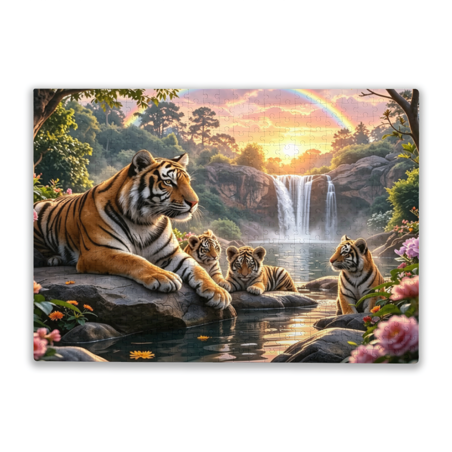 Majestic Tiger Family Waterfall Rainbow Forest Jigsaw Puzzle | Wild Jungle Animal Scenic Puzzle 300/500/1000pcs