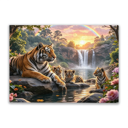Majestic Tiger Family Waterfall Rainbow Forest Jigsaw Puzzle | Wild Jungle Animal Scenic Puzzle 300/500/1000pcs
