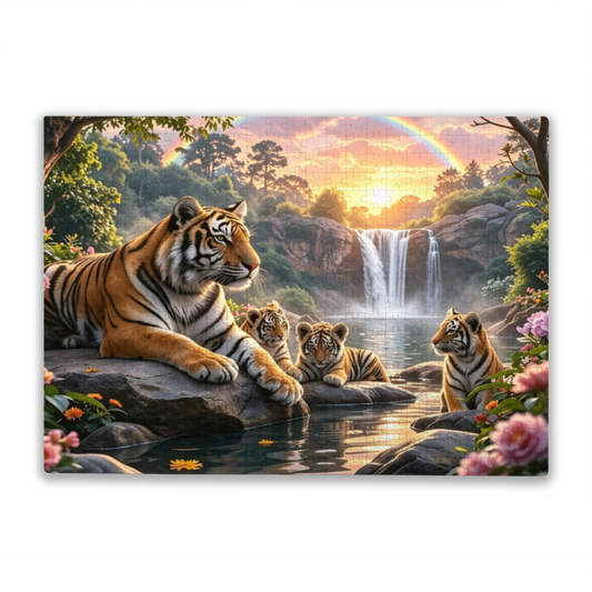 Majestic Tiger Family Waterfall Rainbow Forest Jigsaw Puzzle | Wild Jungle Animal Scenic Puzzle 300/500/1000pcs