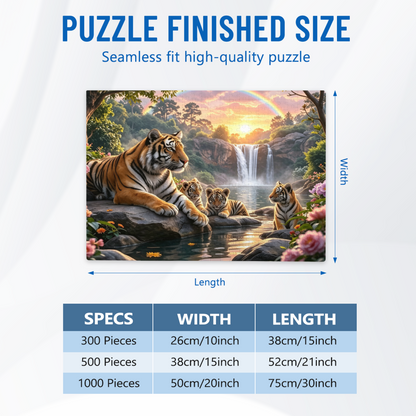 Majestic Tiger Family Waterfall Rainbow Forest Jigsaw Puzzle | Wild Jungle Animal Scenic Puzzle 300/500/1000pcs