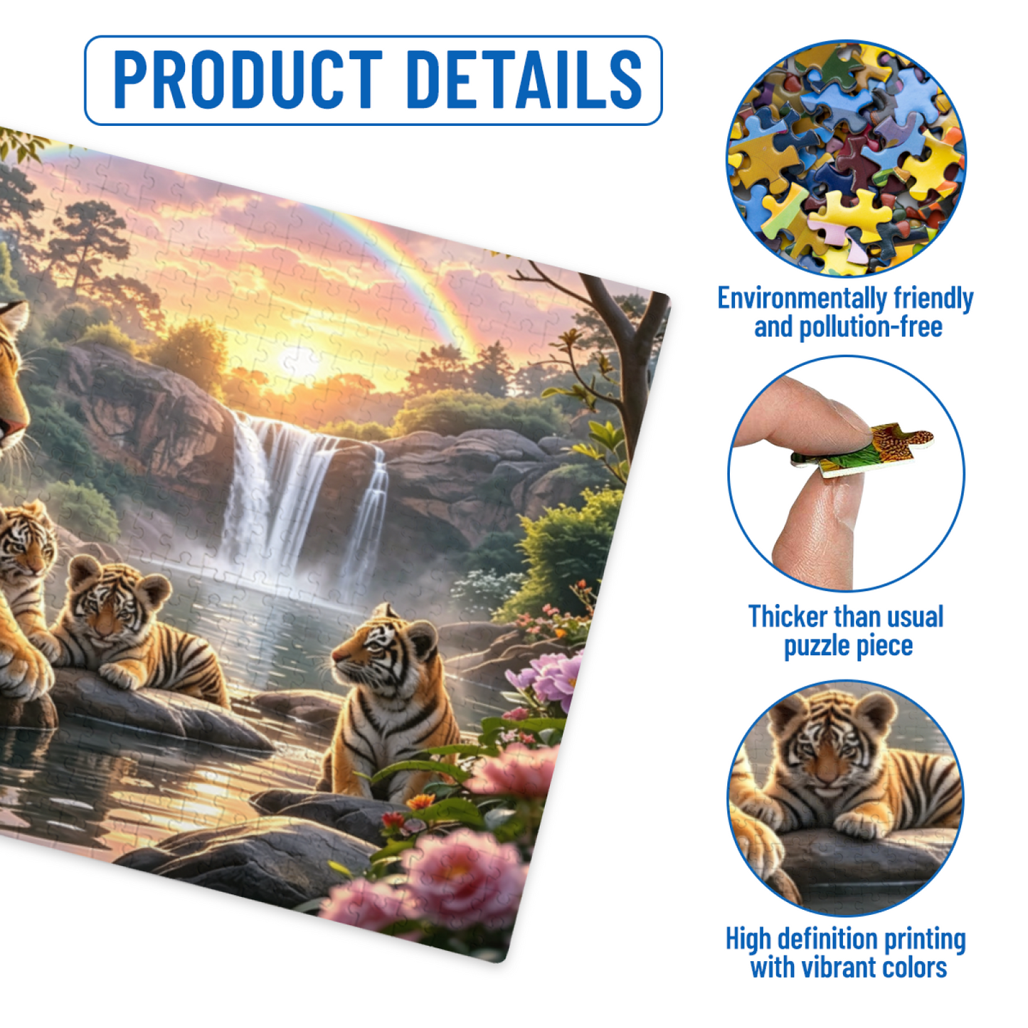 Majestic Tiger Family Waterfall Rainbow Forest Jigsaw Puzzle | Wild Jungle Animal Scenic Puzzle 300/500/1000pcs