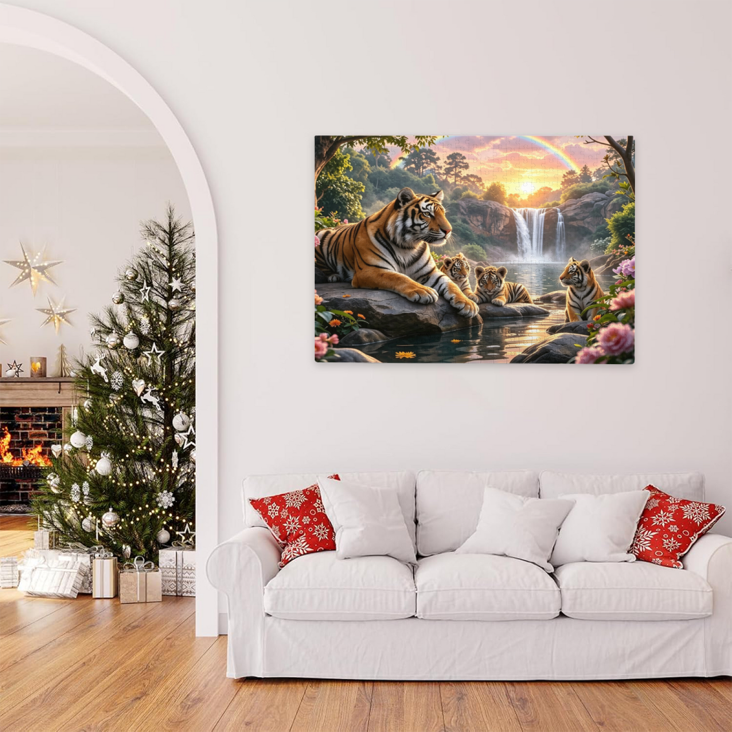 Majestic Tiger Family Waterfall Rainbow Forest Jigsaw Puzzle | Wild Jungle Animal Scenic Puzzle 300/500/1000pcs