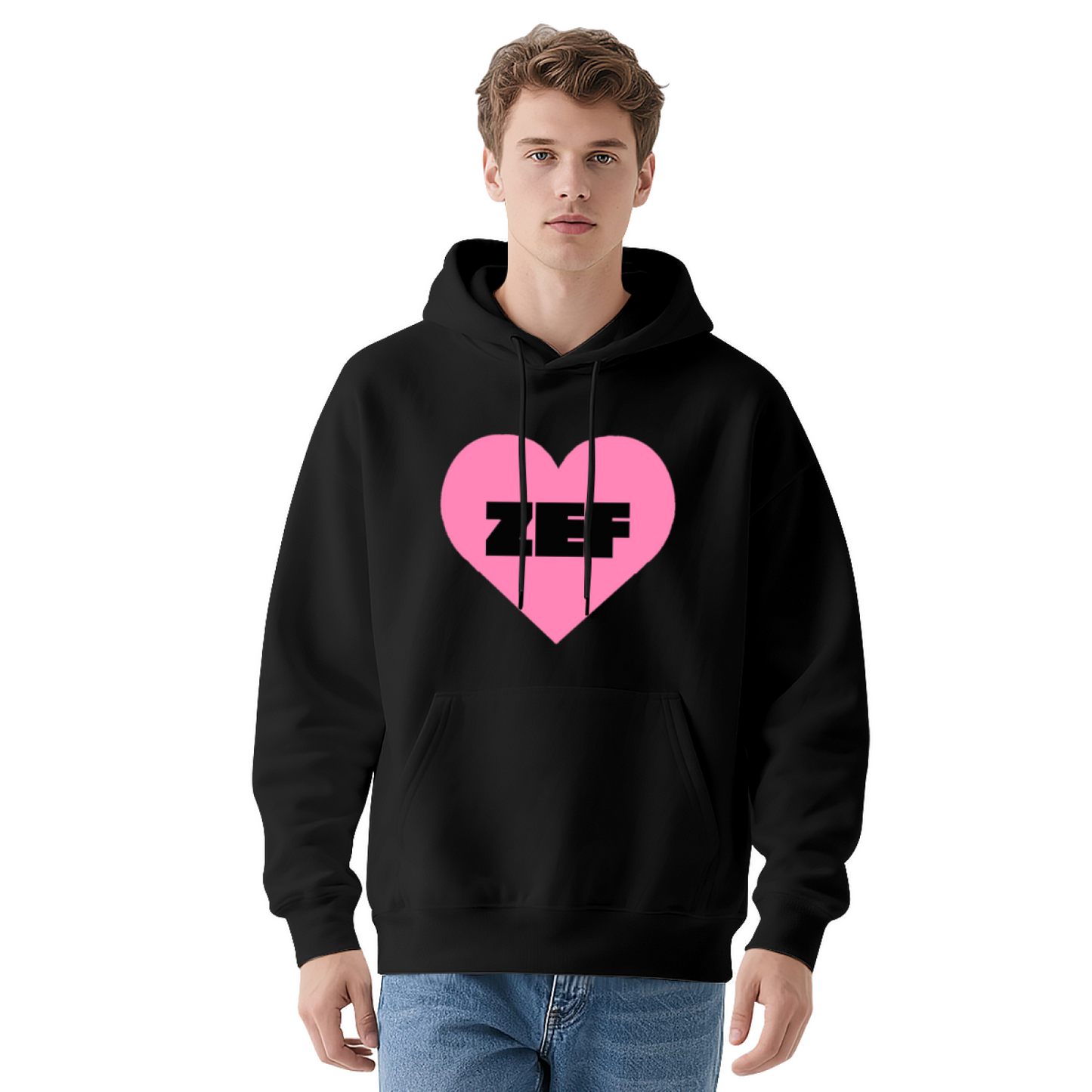 ZEF Bold Pink Heart Graphic Black Hoodie, Soft Hip Hop Streetwear Sweatshirt