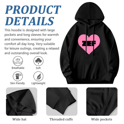 ZEF Bold Pink Heart Graphic Black Hoodie, Soft Hip Hop Streetwear Sweatshirt