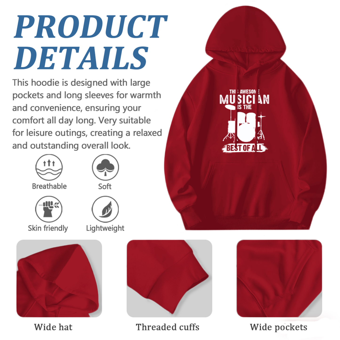 Men's Musician Hoodie: This Awesome Musician Is The Best, Comfy Fit