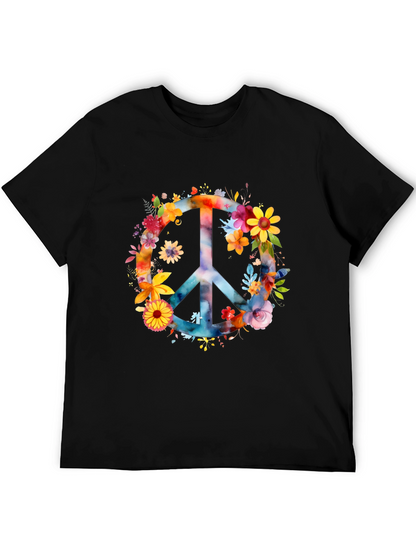 Floral Peace Sign Black T-Shirt