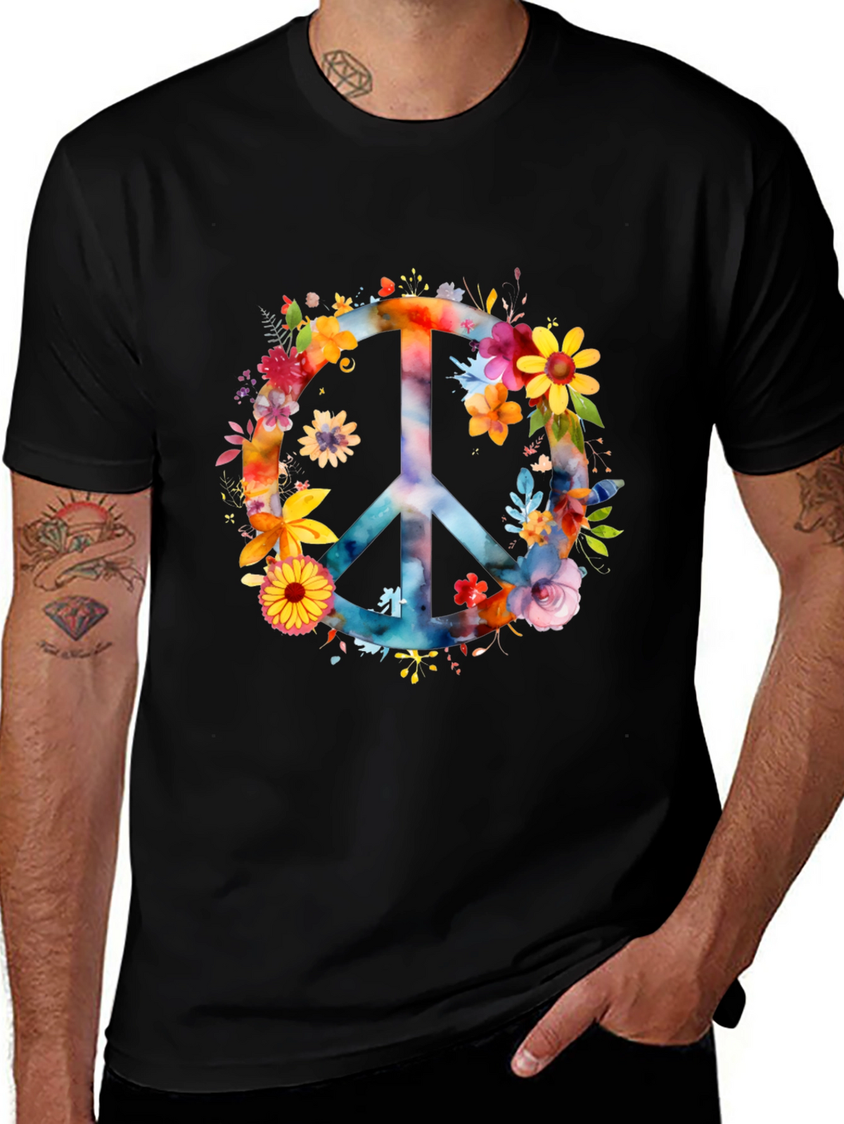 Floral Peace Sign Black T-Shirt