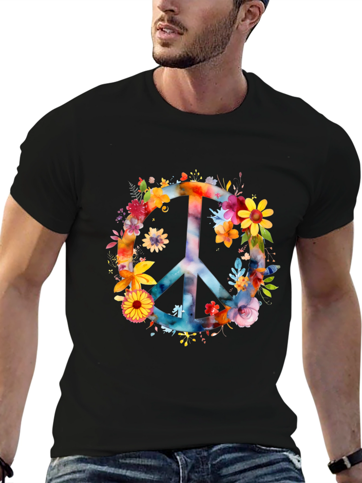 Floral Peace Sign Black T-Shirt