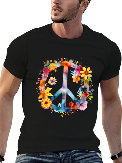 Floral Peace Sign Black T-Shirt