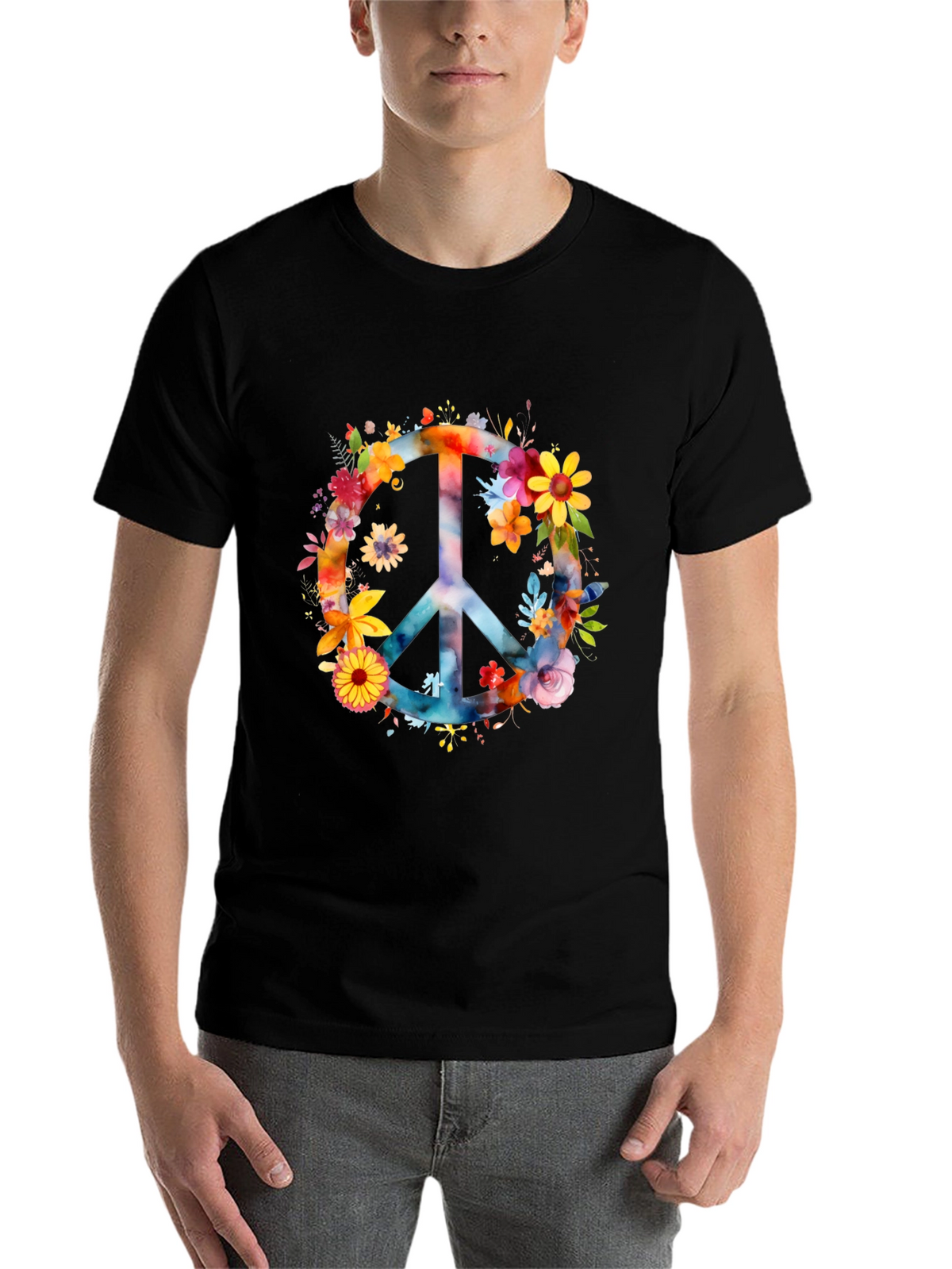 Floral Peace Sign Black T-Shirt