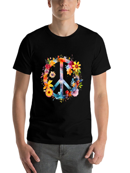 Floral Peace Sign Black T-Shirt
