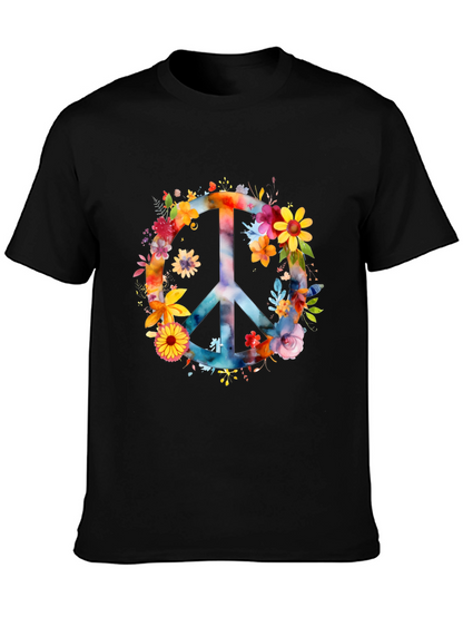 Floral Peace Sign Black T-Shirt