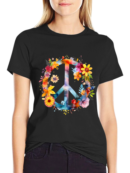 Floral Peace Sign Black T-Shirt
